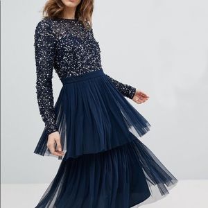 Maya Long Sleeve Sequin Top Midi Dress With Tiered Tulle Skirt